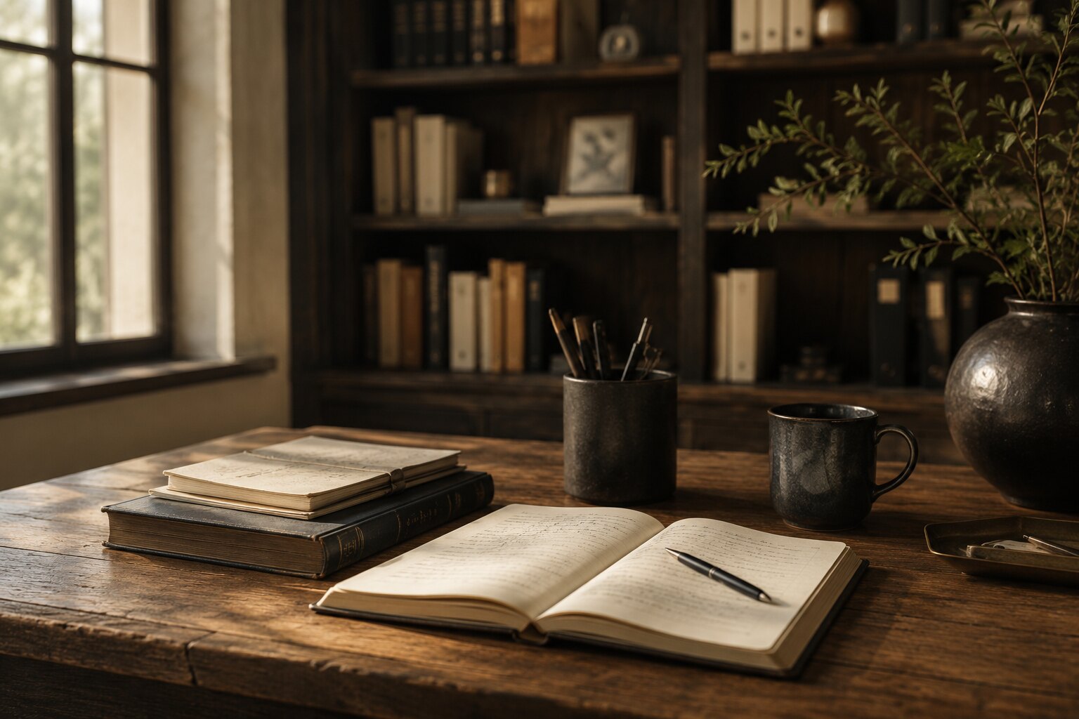 An open ledger and pen on a dark wooden desk, beside a window and shelves of books.